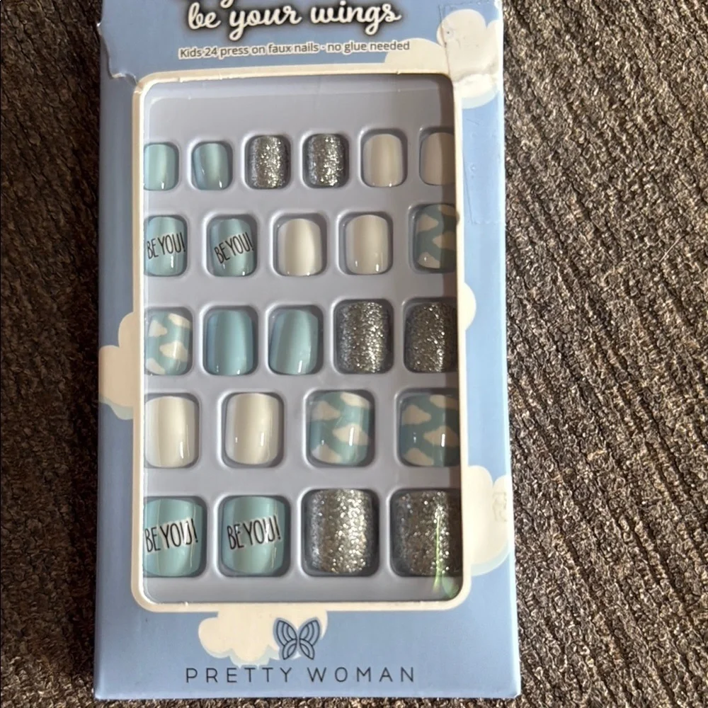 Kids Faux Nail Set of 24  - Blue, white and Silver “BE YOU” style, NEW